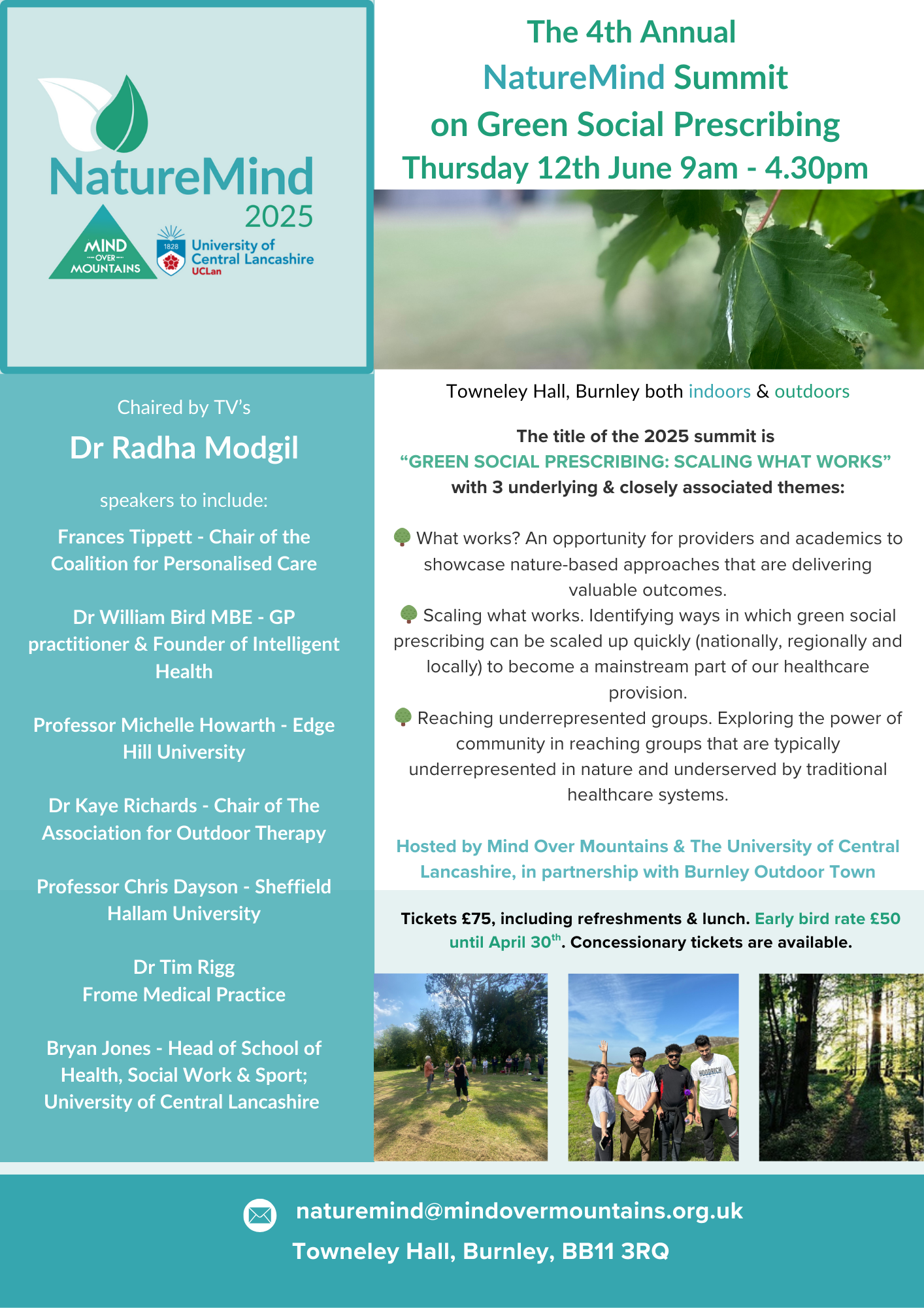 Flyer with details of NatureMind Summit 2025 including speakers