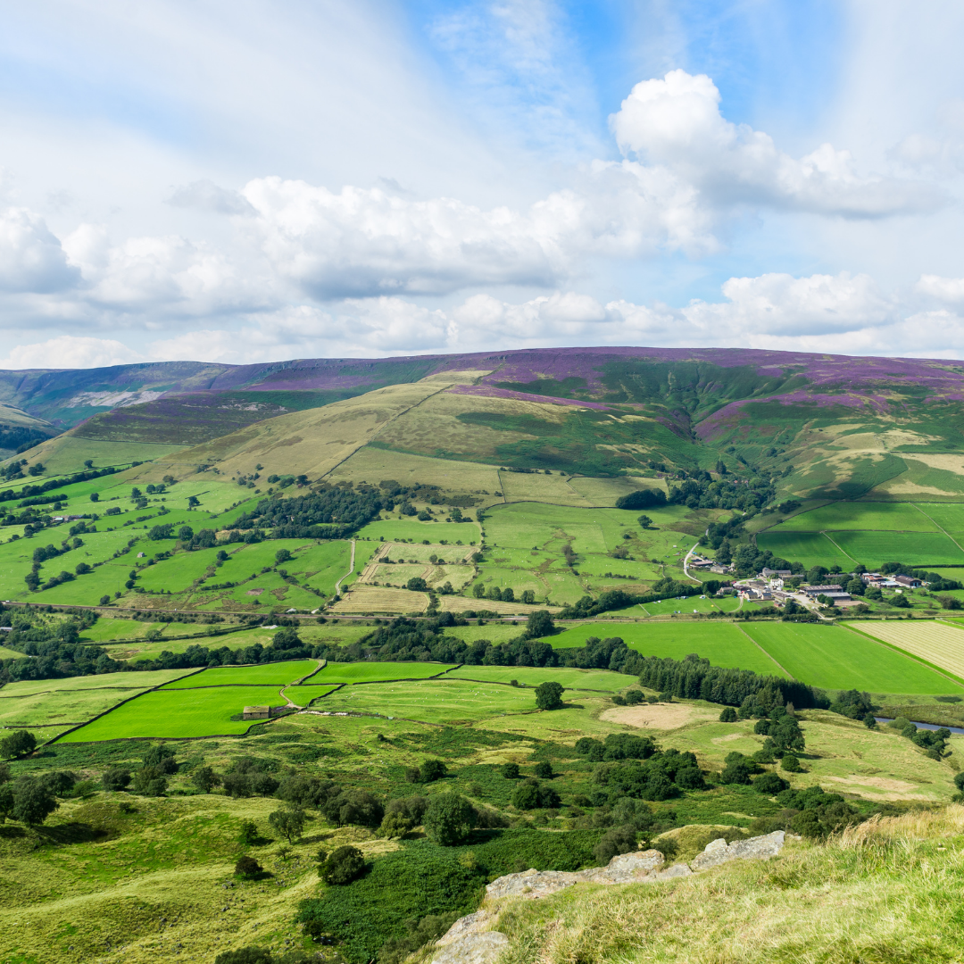 Green valley with rolling hills under a blue sky with clouds
