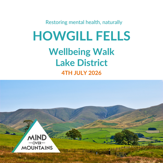 Promotional poster for Howgill Fells Wellbeing Walk in Lake District with scenic view and event details.