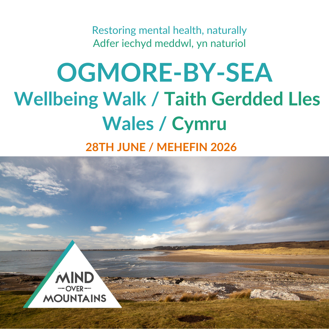 Promotional poster for a wellbeing walk in Ogmore-by-Sea, Wales, featuring a beach and mountain landscape.