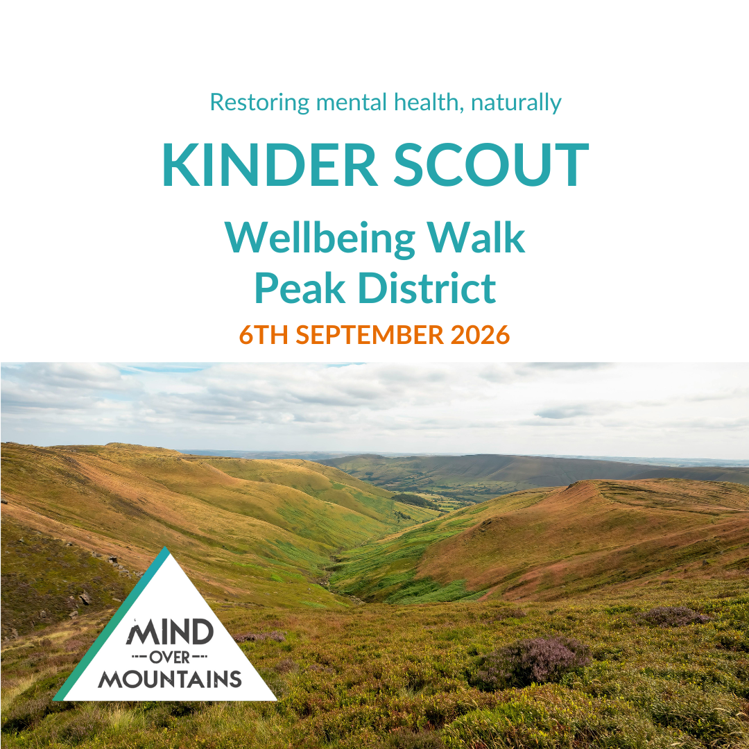 Promotional poster for a wellbeing walk at Kinder Scout in the Peak District, featuring a scenic view of the landscape.