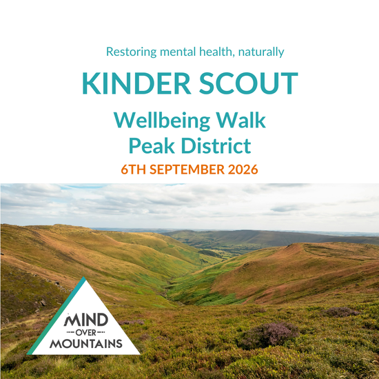 Promotional poster for a wellbeing walk at Kinder Scout in the Peak District, featuring a scenic view of the landscape.