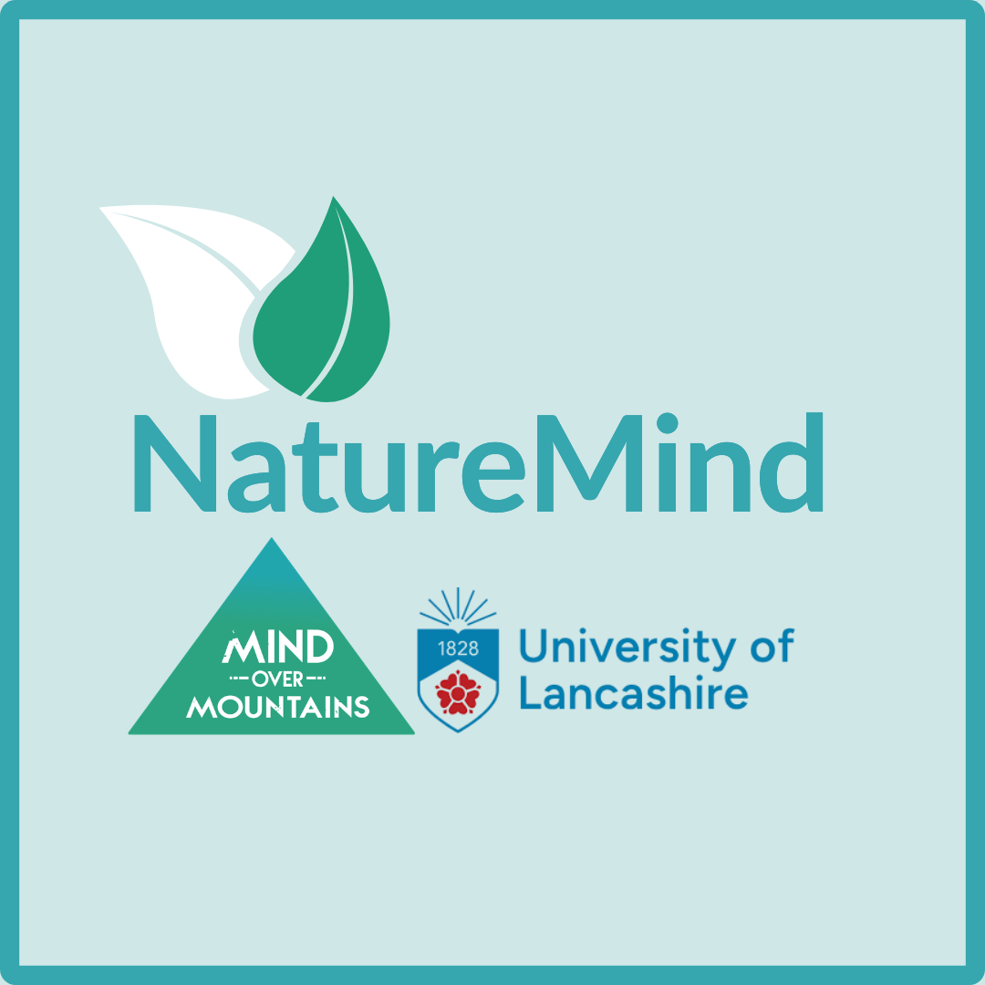 logo for NatureMind green social prescribing event and logos for Mind Over Mountains and University of Lancashire