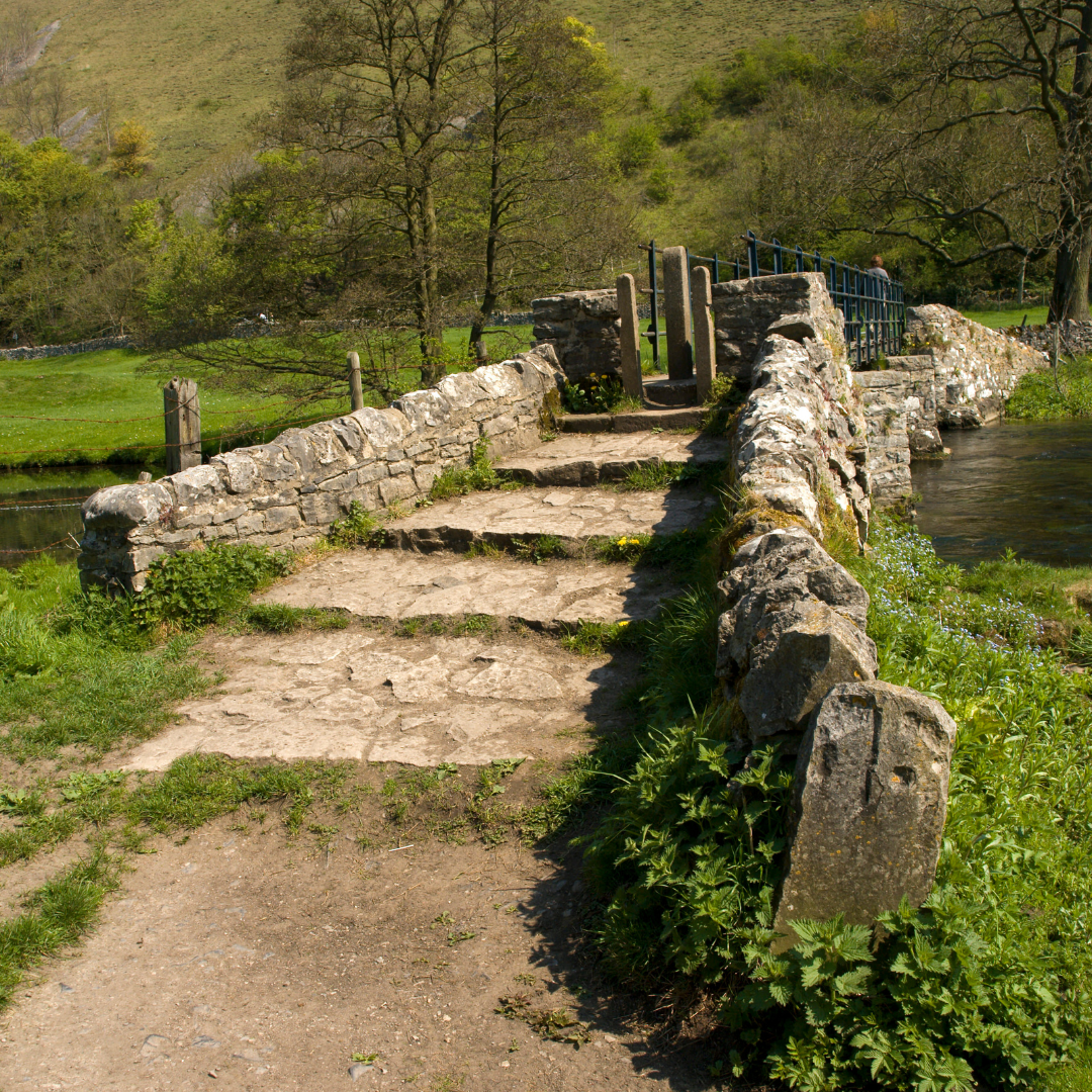 A rustic stone bridge with steps crossing a stream in a green, wooded outdoor setting.