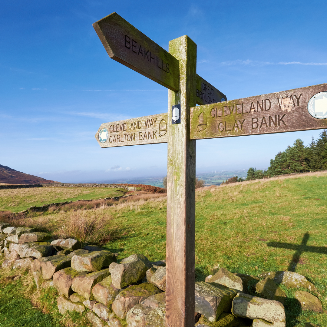 Wooden signpost with directions to various locations in a scenic landscape.