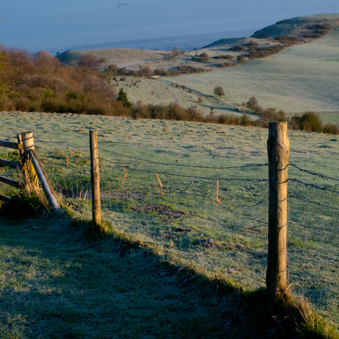 Frosty field with wooden fence and rolling hills in the background