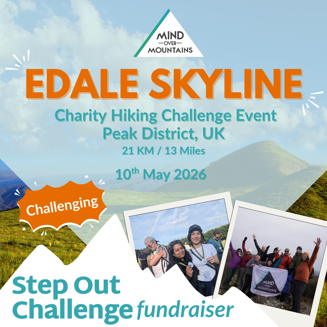 Promotional poster for Edale Skyline charity hiking challenge event with mountain background and participant photos.