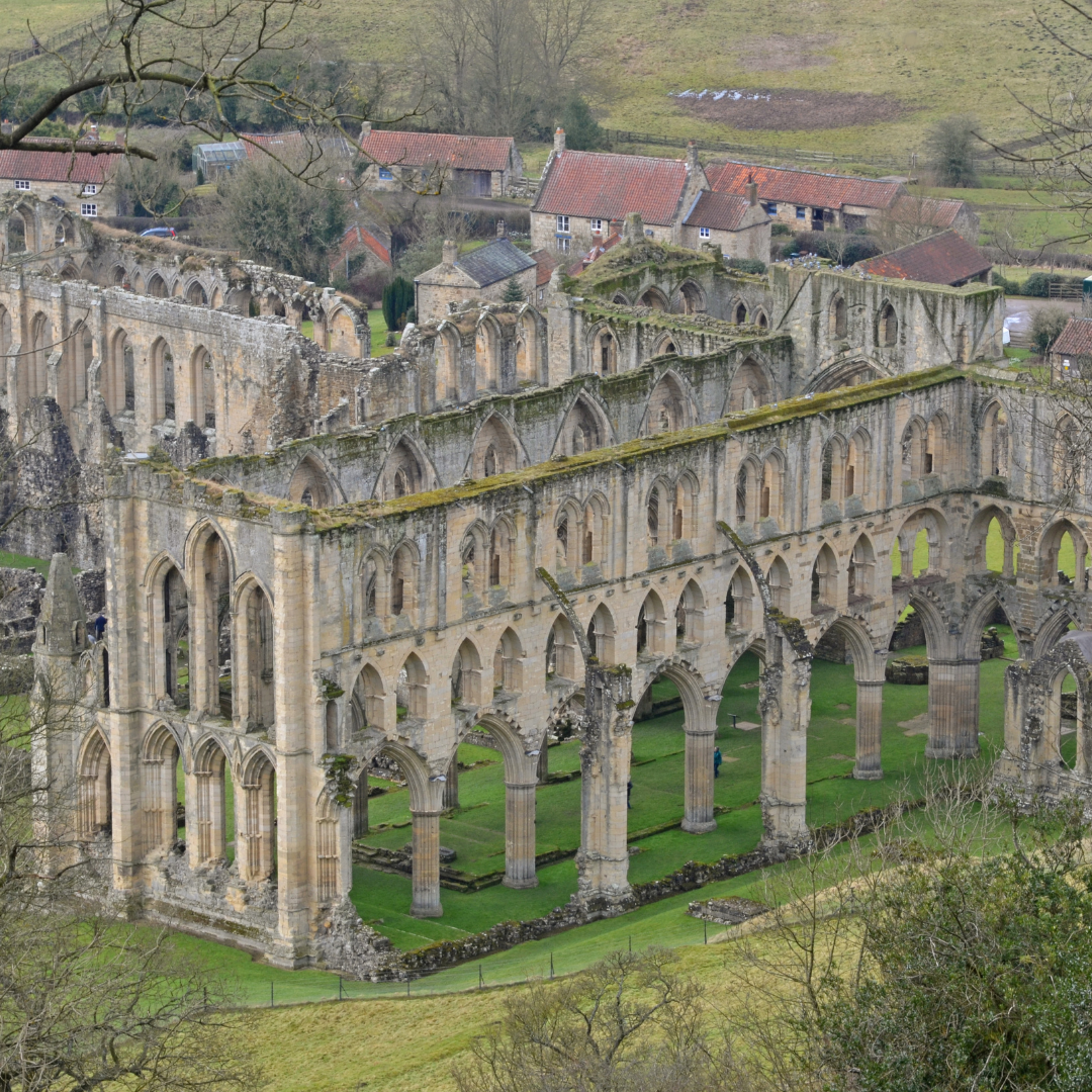 Ruins of a historic abbey with green grass and trees in the foreground