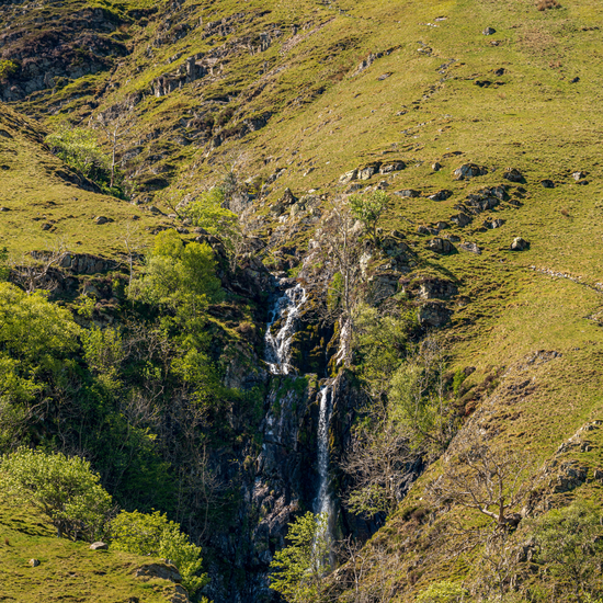 Waterfall cascading down a grassy hillside with trees and rocks.