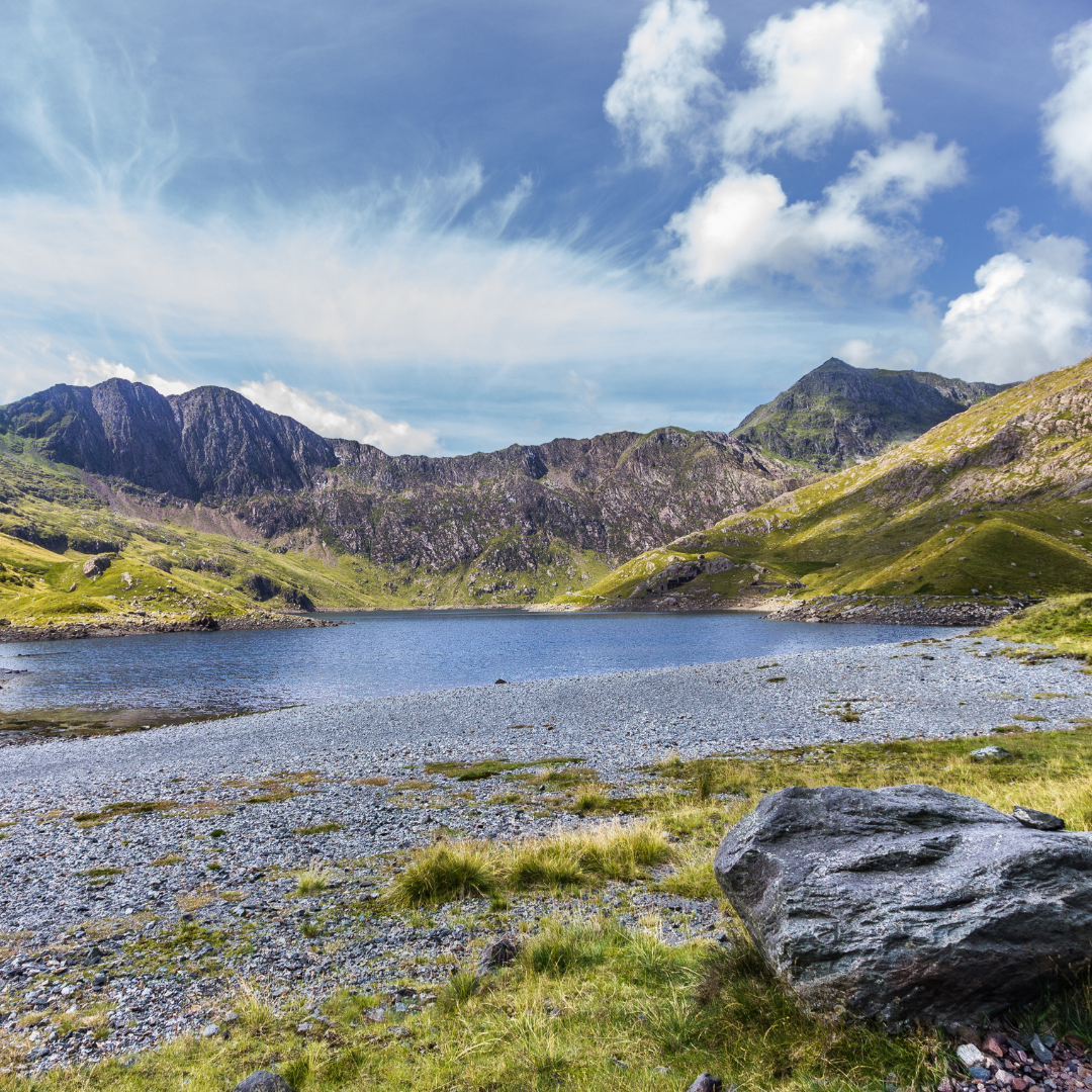 Lake surrounded by mountains under a blue sky with clouds
