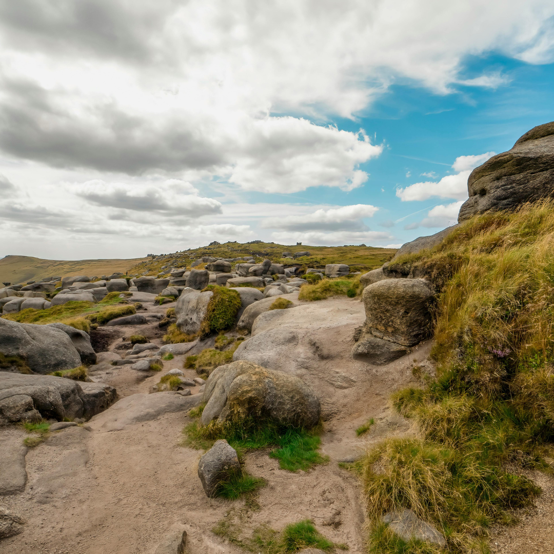 Rocky landscape with grassy patches under a partly cloudy sky