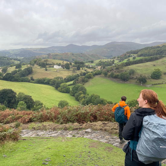 Two people standing on a hill overlooking a scenic landscape with green fields and trees.