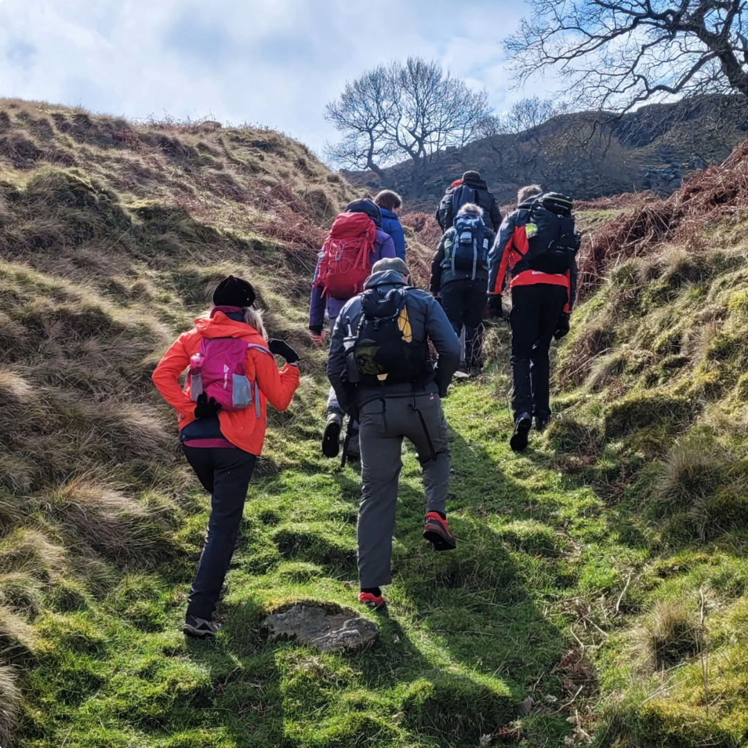 Group of hikers ascending a grassy hill with backpacks.