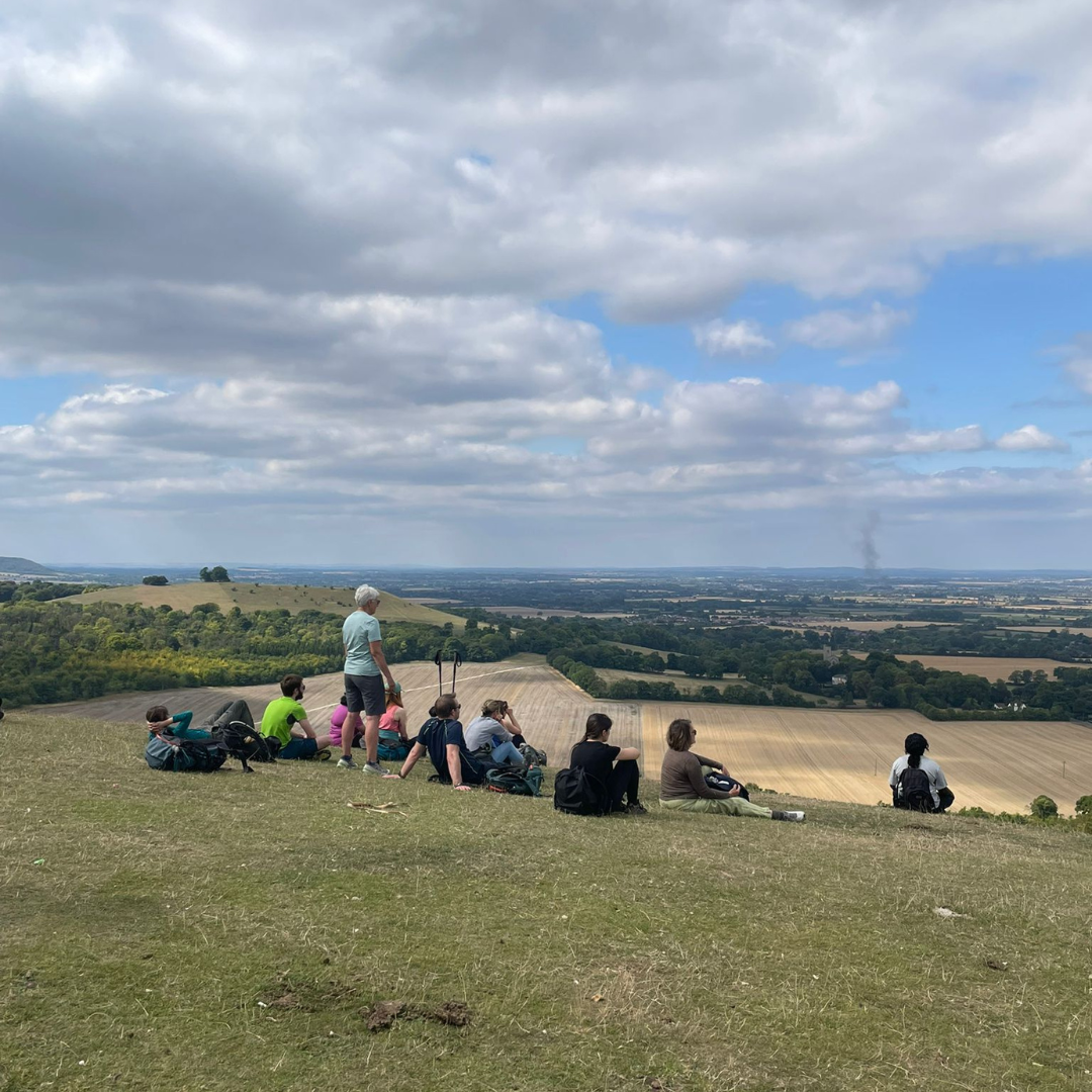 Group of people sitting on a grassy hilltop overlooking a landscape with a blue sky and clouds.