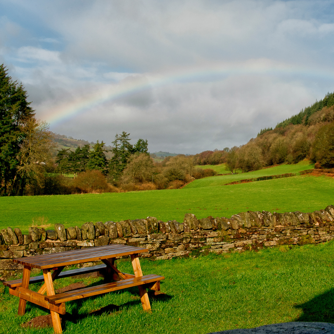 Wooden picnic table in a green field with a rainbow in the sky