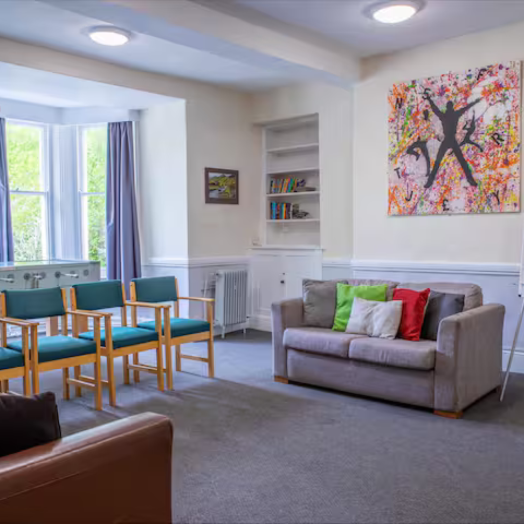 Living room with gray sofa, colorful cushions, and a painting on the wall.