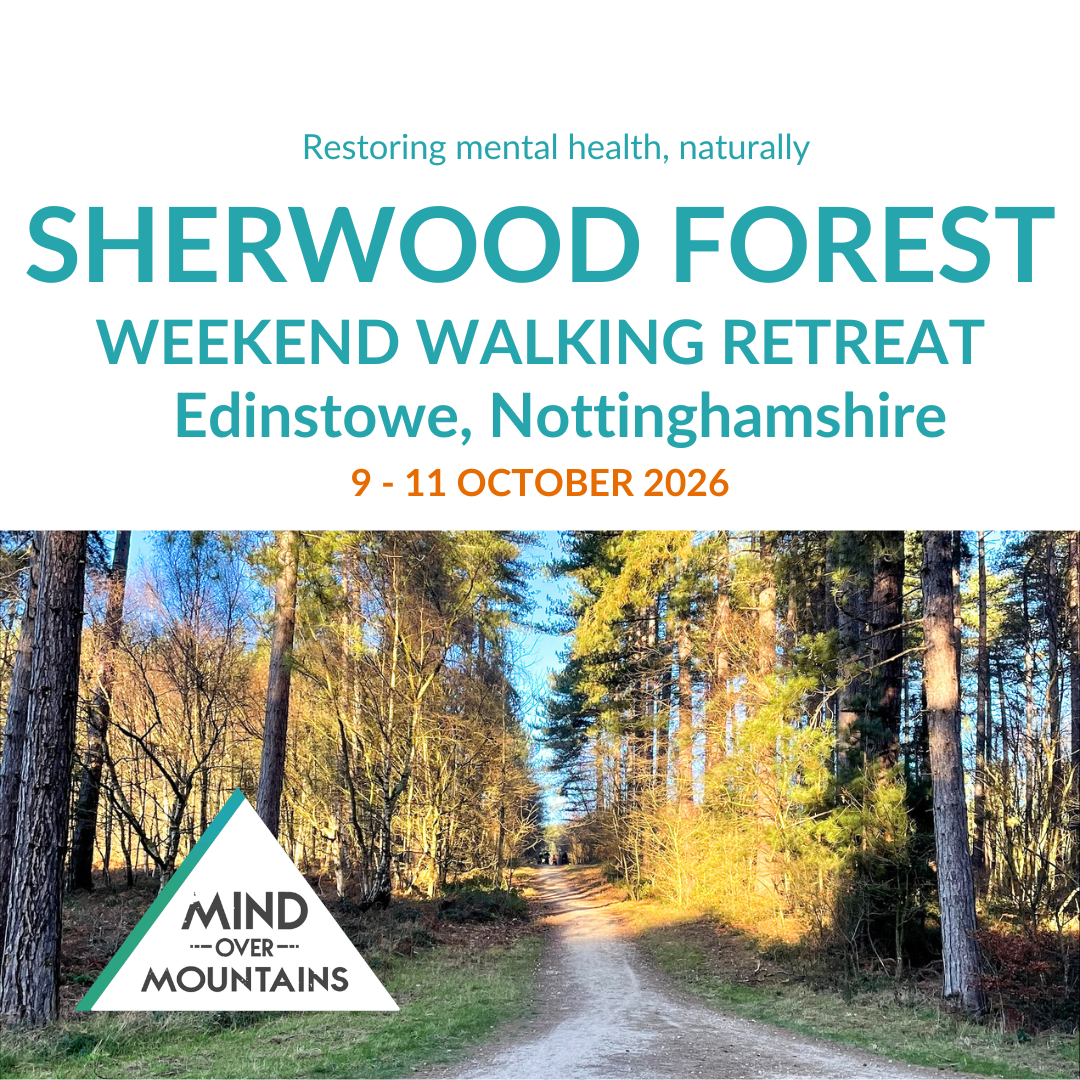 Promotional graphic for the Sherwood Forest Weekend Walking Retreat in Edinstowe, Nottinghamshire, from Mind Over Mountains. The top half features teal and orange text on a white background, while the bottom half shows a scenic photograph of a dirt path winding through a dense forest.