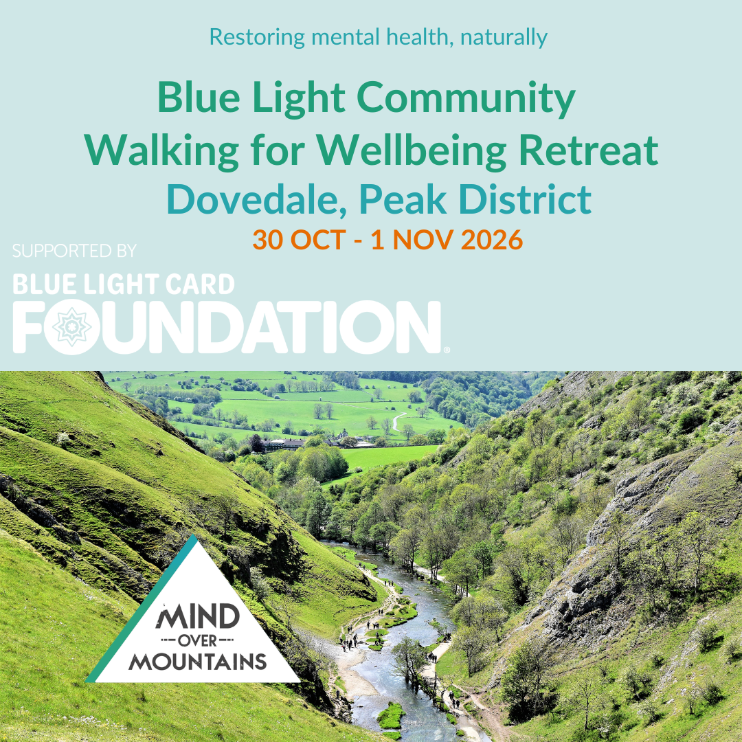 Promotional graphic for the Blue Light Community Walking for Wellbeing Retreat in Dovedale, Peak District, UK, scheduled for 30 Oct - 1 nov 2026. The top half features a light teal background with white and teal text, supported by the Blue Light Card Foundation.