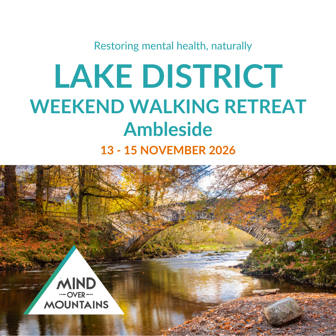 Advertisement for Lake District weekend walking retreat with a scenic river and bridge in the background.