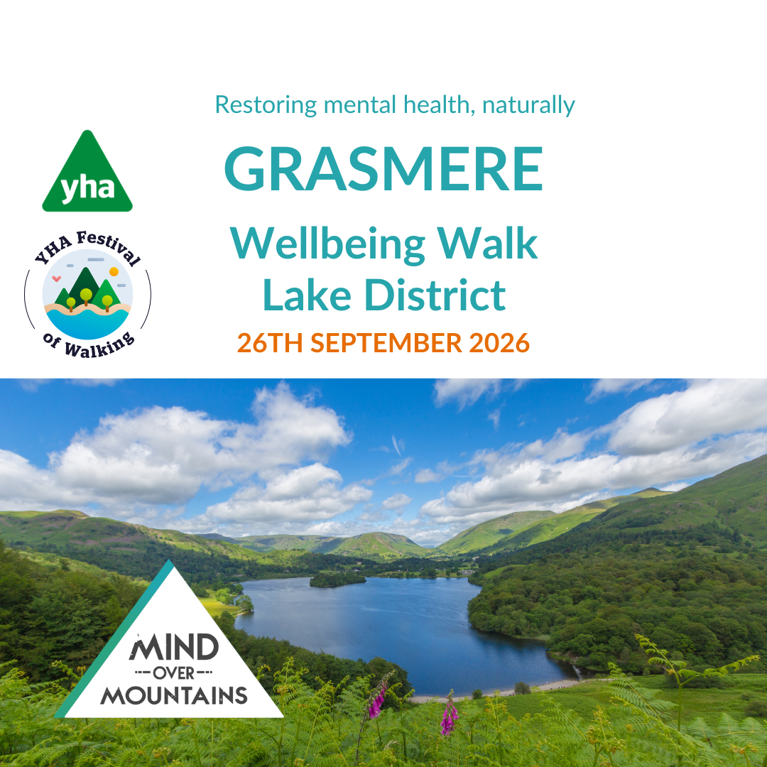 Promotional graphic for the YHA Festival of Walking GRASMERE Wellbeing Walk in the Lake District, dated 26th September 2026. The top half is white with teal and orange text and YHA logos.