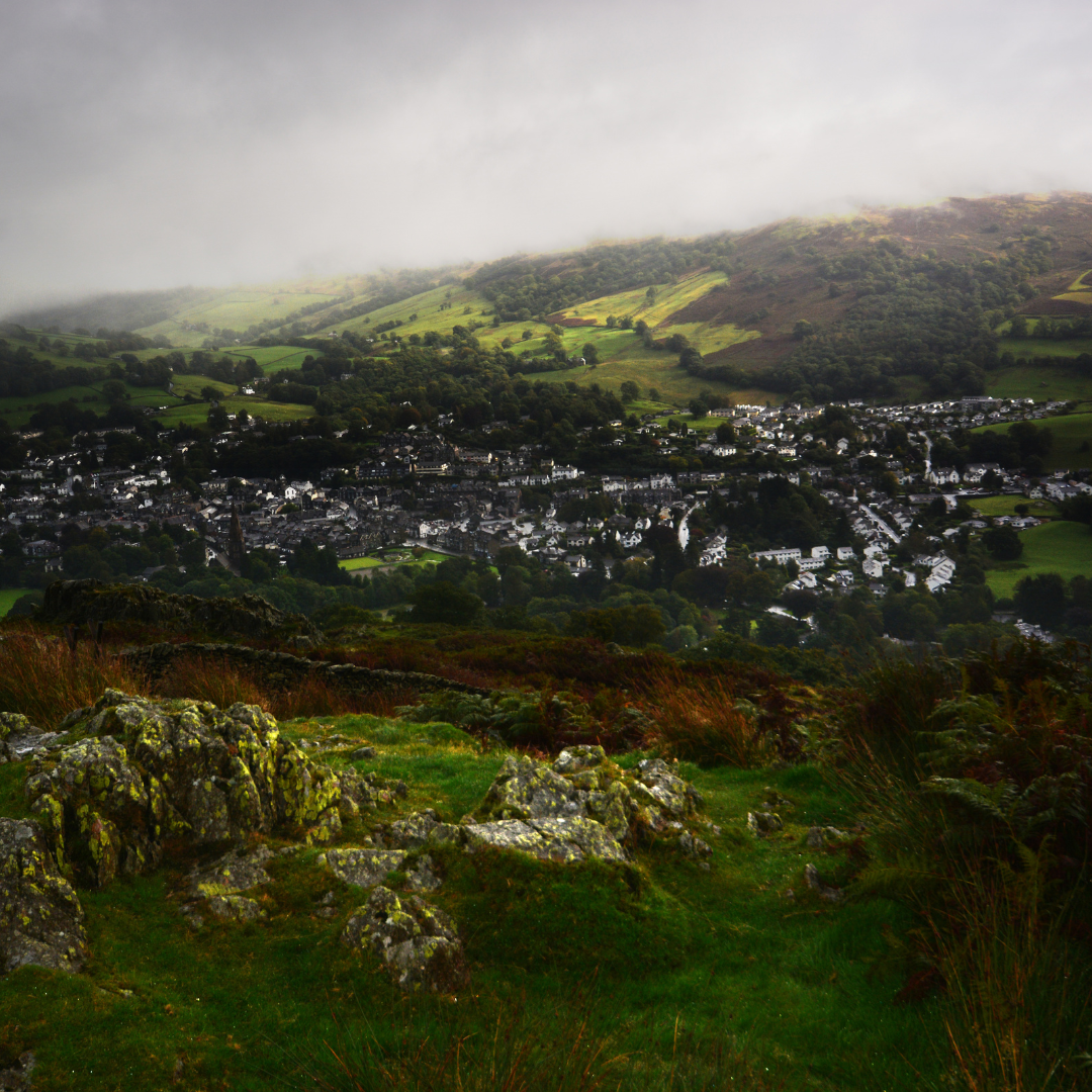 aerial view of ambleside mountains and town centre