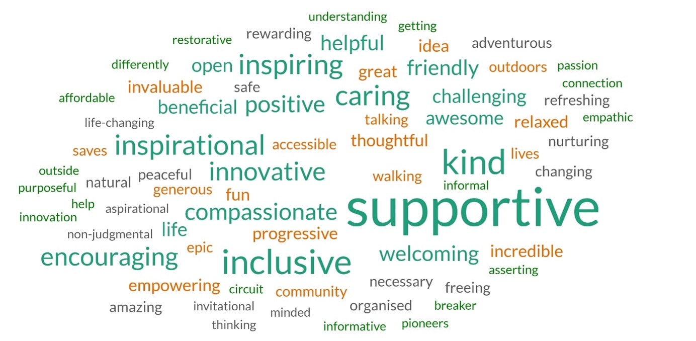 word cloud showing words participants identify with our work, including 'supportive', 'welcoming', 'encouraging', 'inspirational', 'positive', 'beneficial', 'relaxed', 'awesome', 'empathetic', 'nurturing', 'aspirational', 'community', 'informative', 'pioneers'