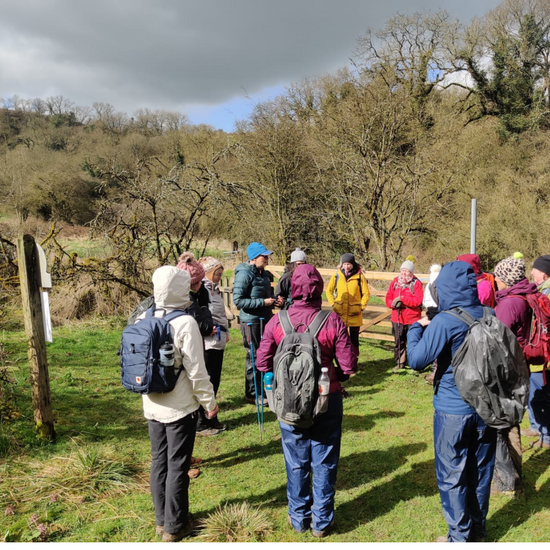 group of hikers standing in circle with trees beyond 