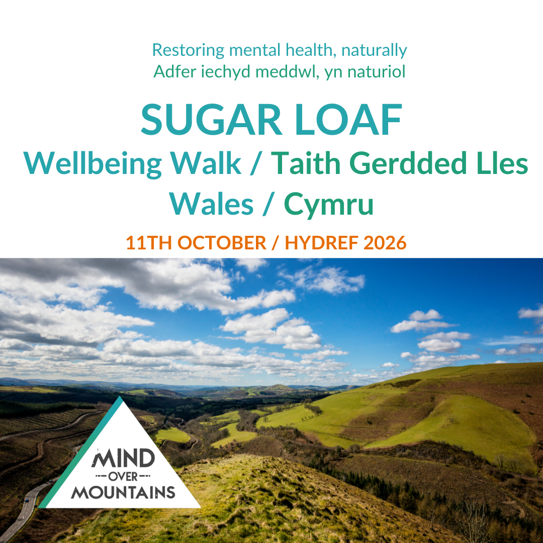 Promotional poster for a wellbeing walk event at Sugar Loaf in Wales, featuring a scenic landscape.