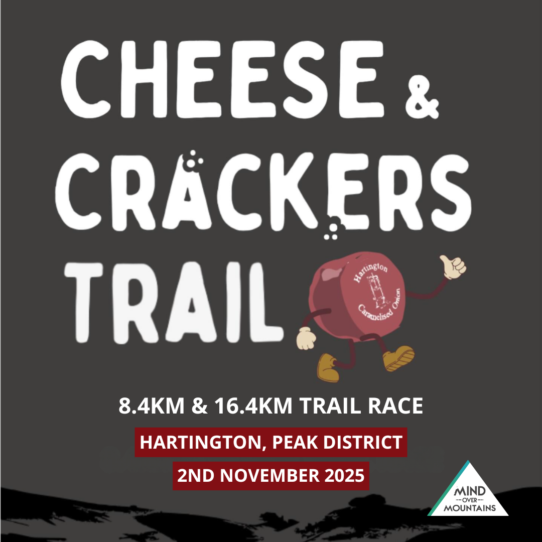Promotional poster for the 'Cheese & Crackers Trail' race with a cartoon cheese character on a dark background.