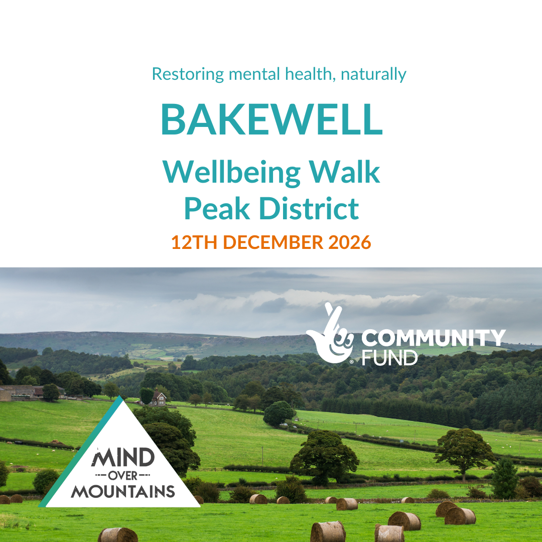 Promotional graphic for the BAKEWELL Wellbeing Walk in the Peak District, dated 12th December 2026. The top half features teal and orange text on a white background, while the bottom half shows a scenic landscape of green rolling hills with hay bales under a cloudy sky.