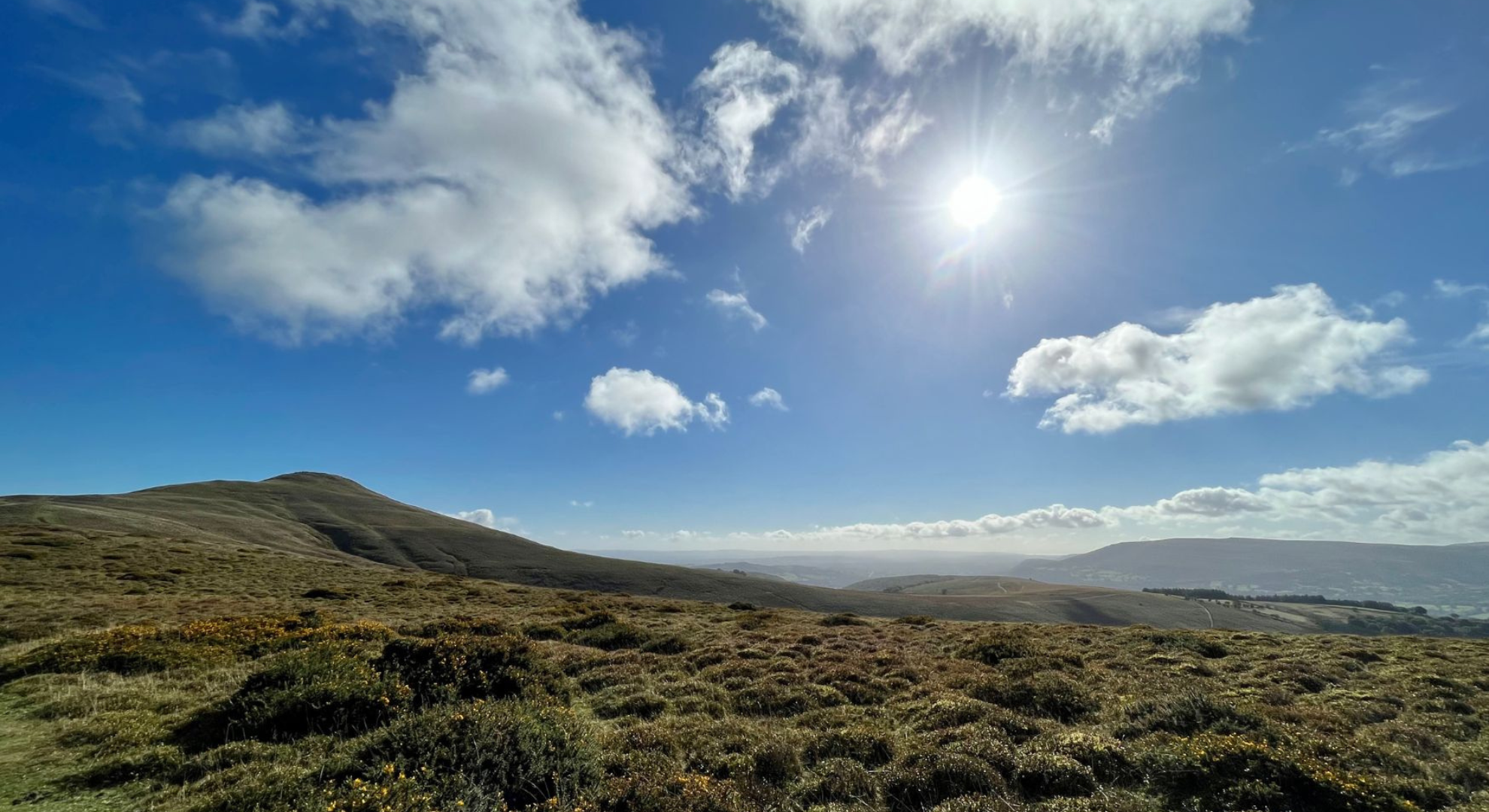 hills with grassland and blue sky with clouds and sunshine