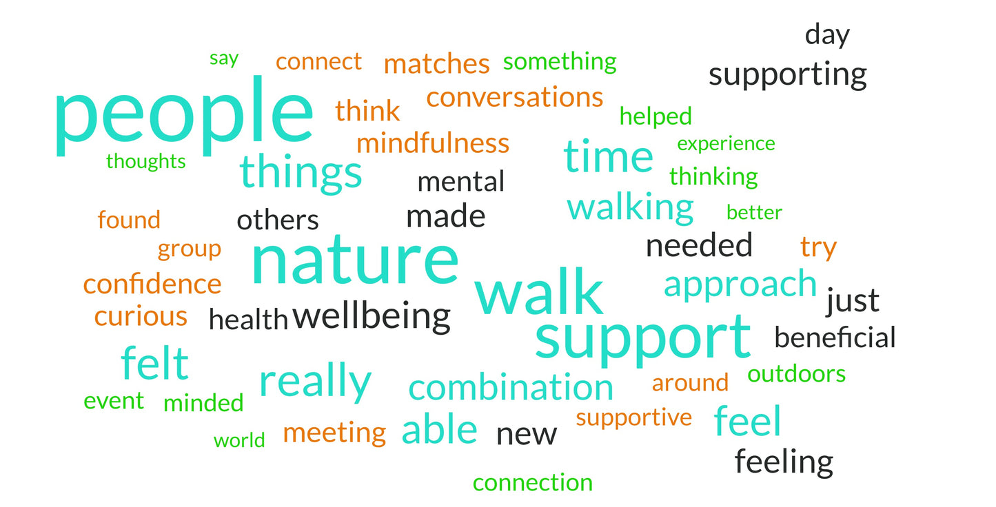 word cloud illustrating participants feelings about how Mind Over Mountains events made them feel